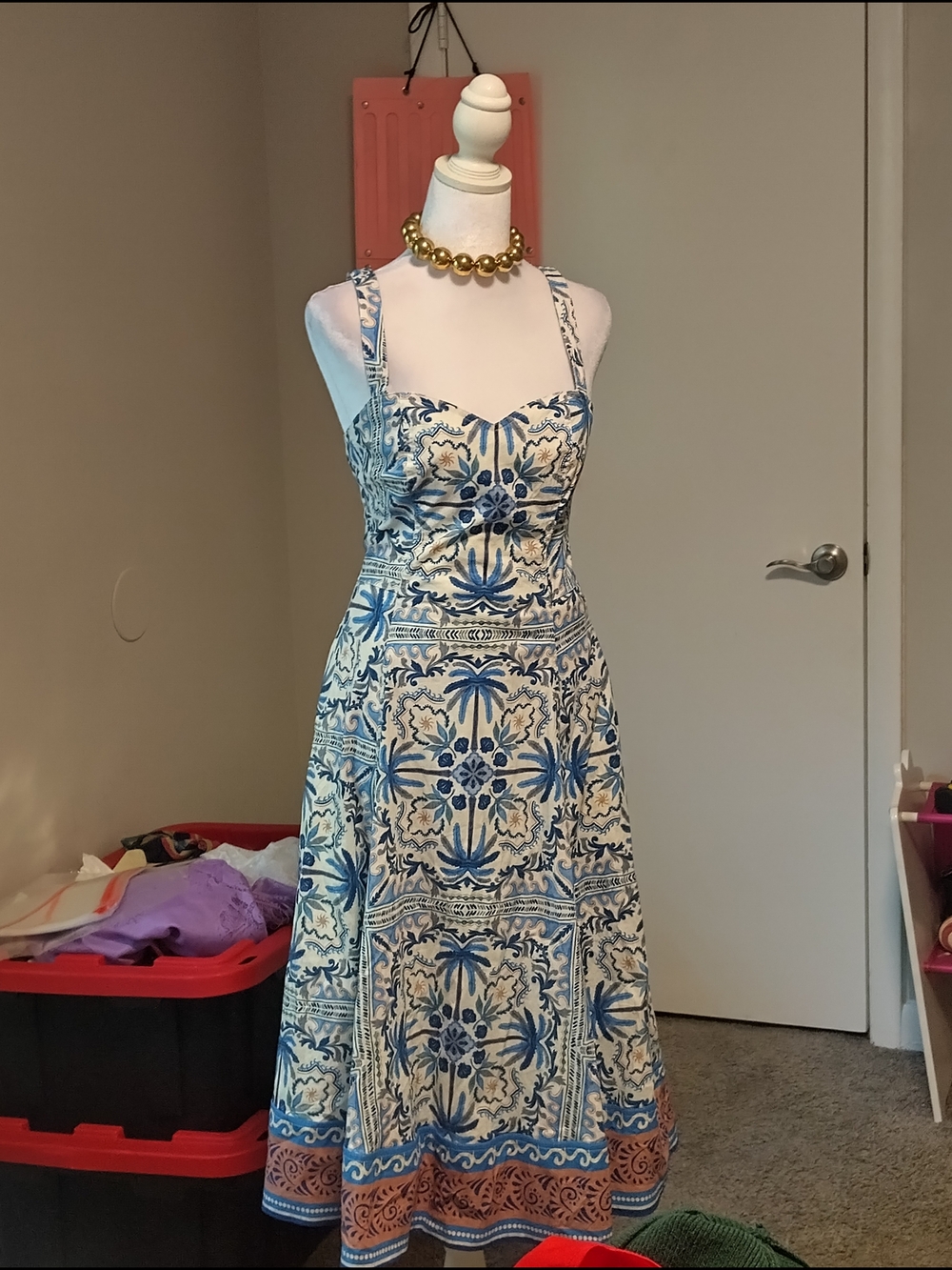Avec Les Filles Blue, Cream & Rust Tile-Print Midi Dress - Picture 2 of 8
